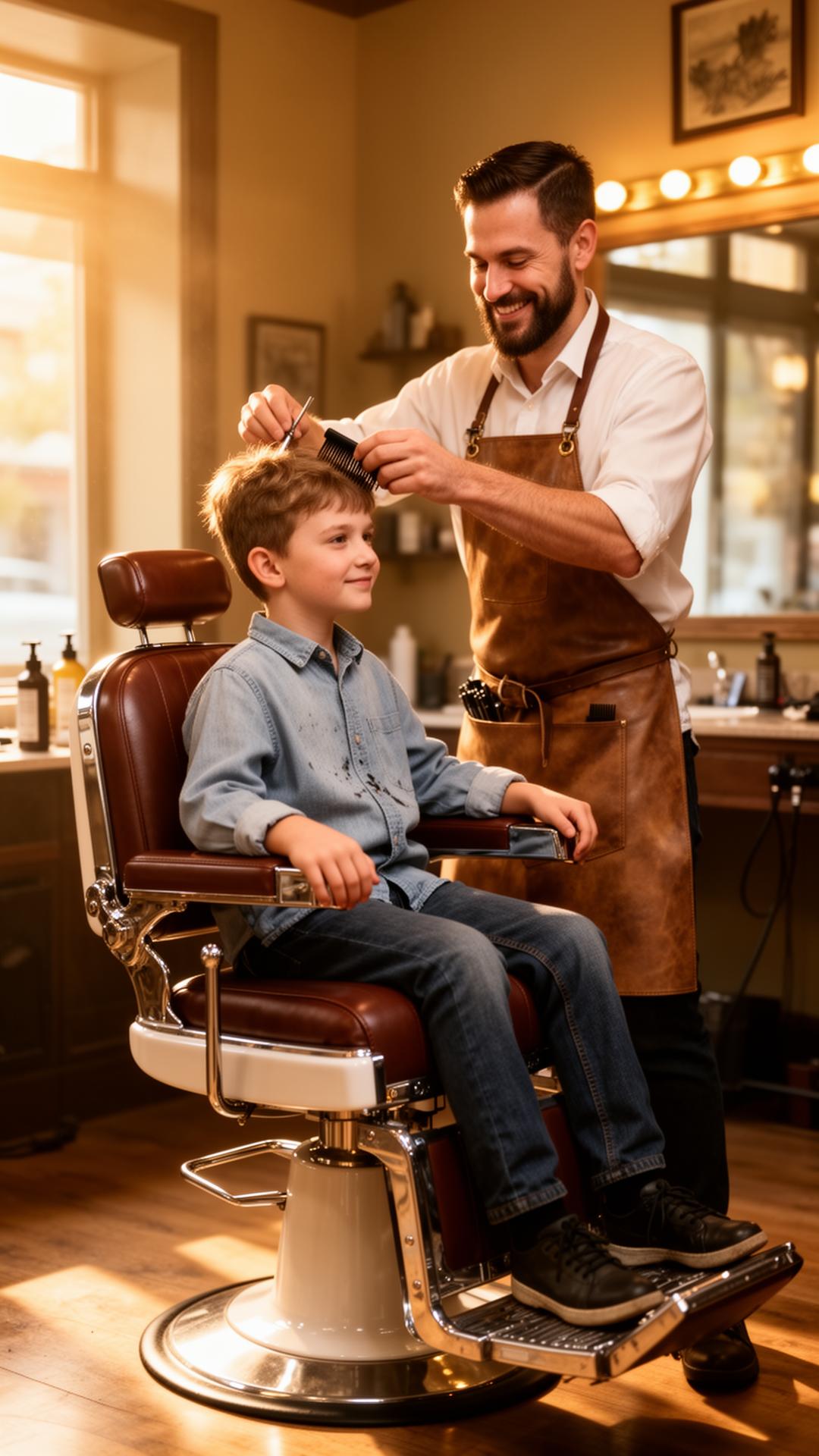 A young boy receiving his first haircut from a smiling barber